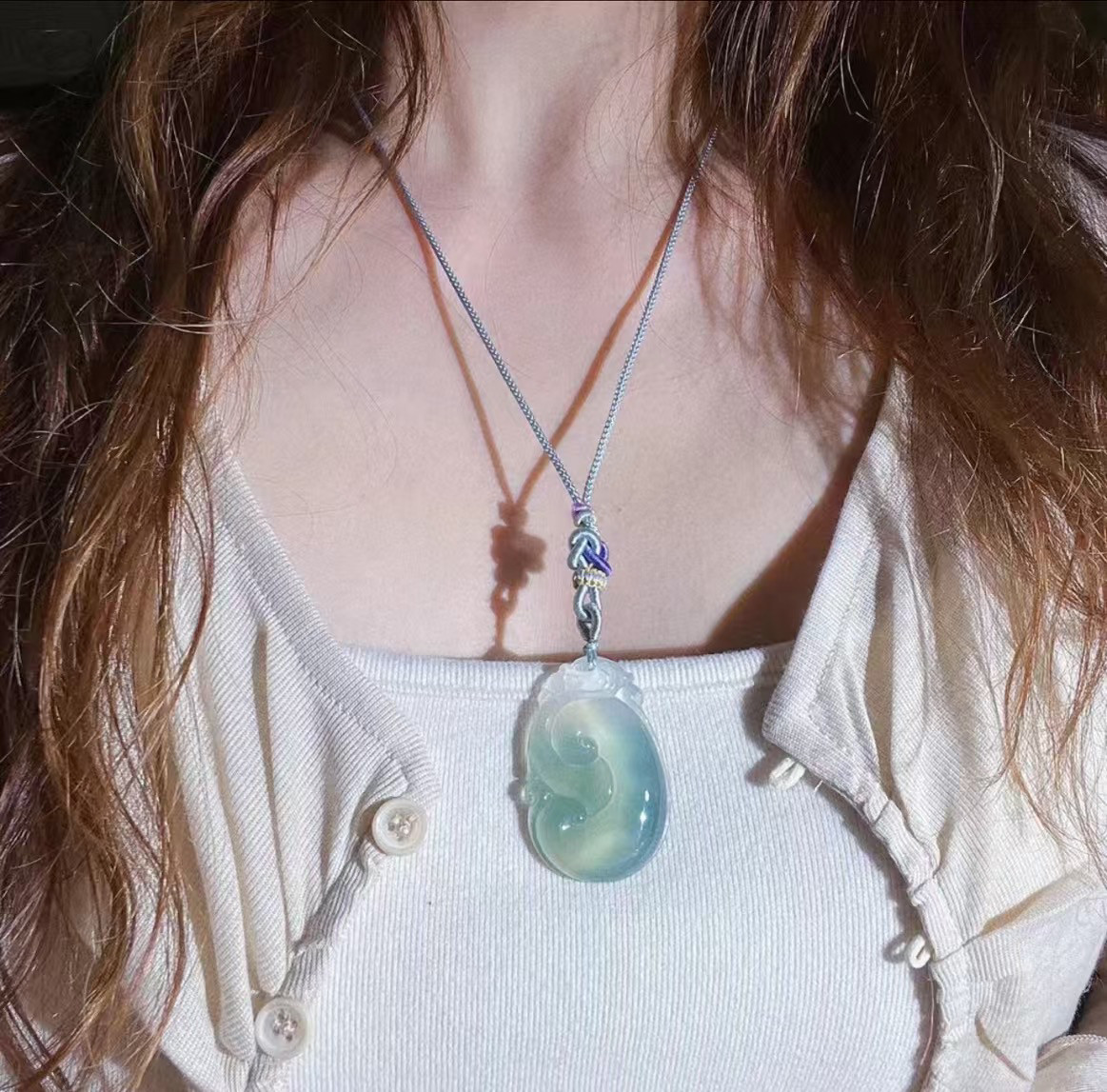 monocle冰种渐变油青色如意吊坠油青绿半山水玛瑙佛公树叶玉石