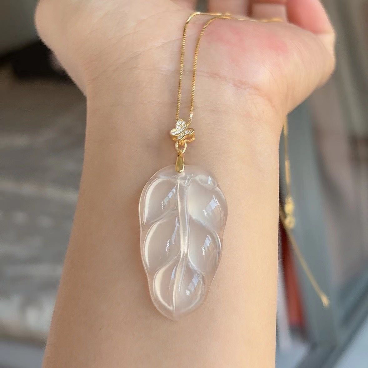 monocle 925银镶嵌冰种白玉髓树叶吊坠玛瑙女款玉髓叶子项链