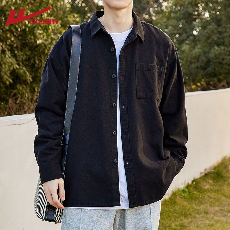 回力长袖衬衫男生春秋季日系复古痞帅工装上衣服潮牌休闲衬衣外套
