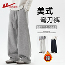 回力加绒灰色弯刀休闲裤男秋冬季2025新款加厚卫裤宽松直筒运动裤