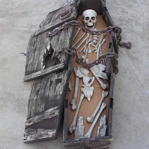 万圣节鬼屋密室逃脱仿真棺材吓人道具恐怖装饰骷髅头骨架尸体摆件