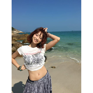 WASSUP短袖T恤女2026新款美式辣妹短款修身白色小上衣打底衫夏季