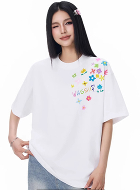 WASSUP短袖女涂鸦花束印花纯棉正肩半袖T恤高街情侣圆领ins打底衫