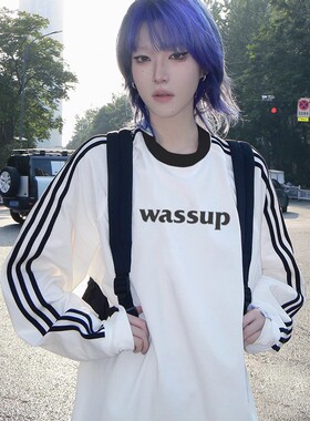 WASSUP卫衣女美式三条杠圆领加绒厚秋冬宽松纯棉长袖上衣2025新款