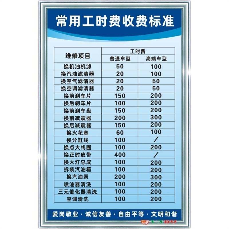 常用工时费收费标准汽修厂4店修修理价目表制度标语牌