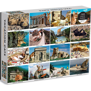 现货 Galison《度假猫》进口拼图 Galison 9780735369504 Vacation Cats 1500 Piece Puzzle 原装品牌 创意合成插画艺术图案原版进