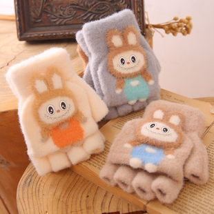 儿童写字手套小学生半指全指两用户外保暖防冻手拉布布男女童翻盖