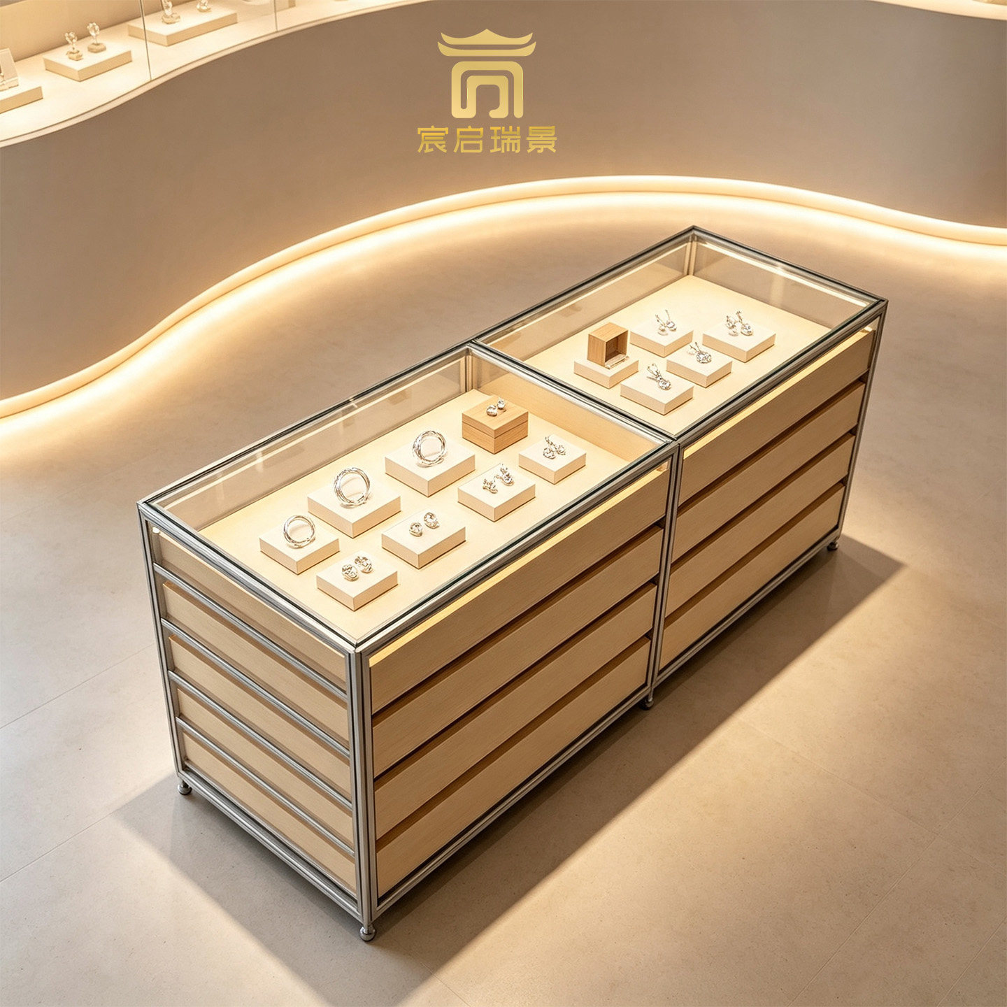 桦木海洋板铝型材珠宝银饰中岛展示柜店铺玻璃陈列柜可定制珠宝柜