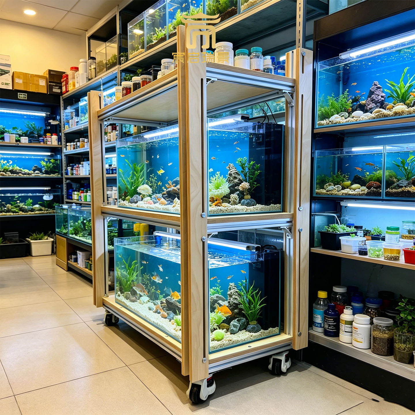 带滚轮铝合金多层水族箱展示架移动鱼缸置物架家用鱼店专用陈列架图片