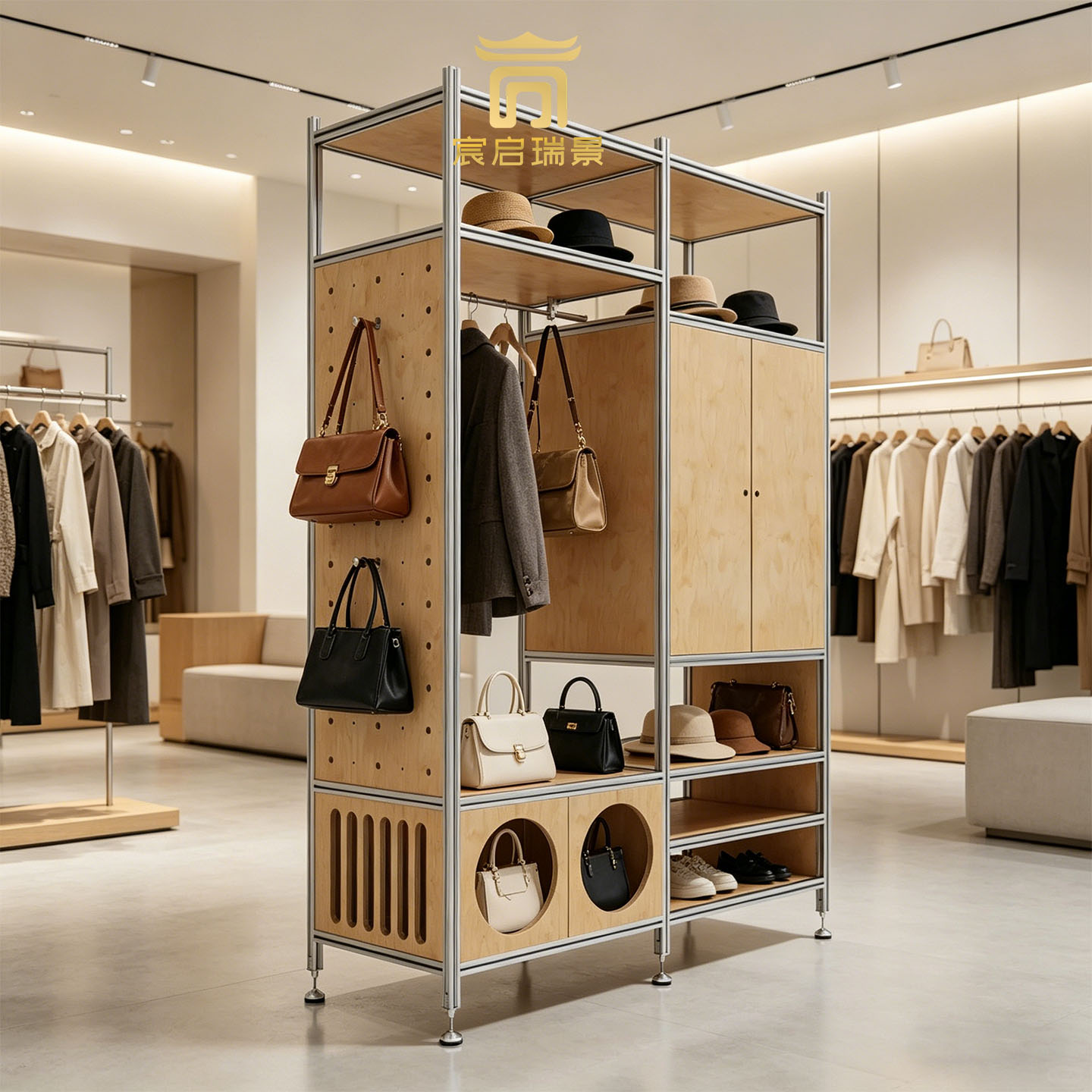 实木金属服装展示架落地式多层收纳架商用店铺衣帽架简约储物架