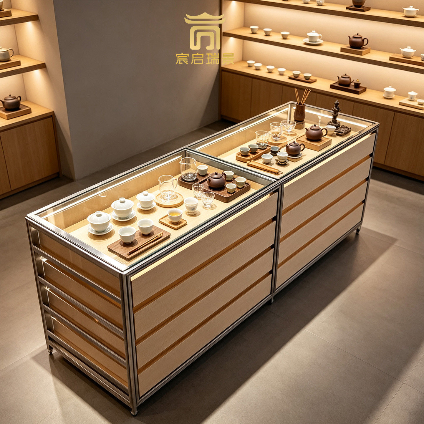 木质茶具展示柜多层收纳陈列柜商用展示架大容量储物柜茶具收纳图片
