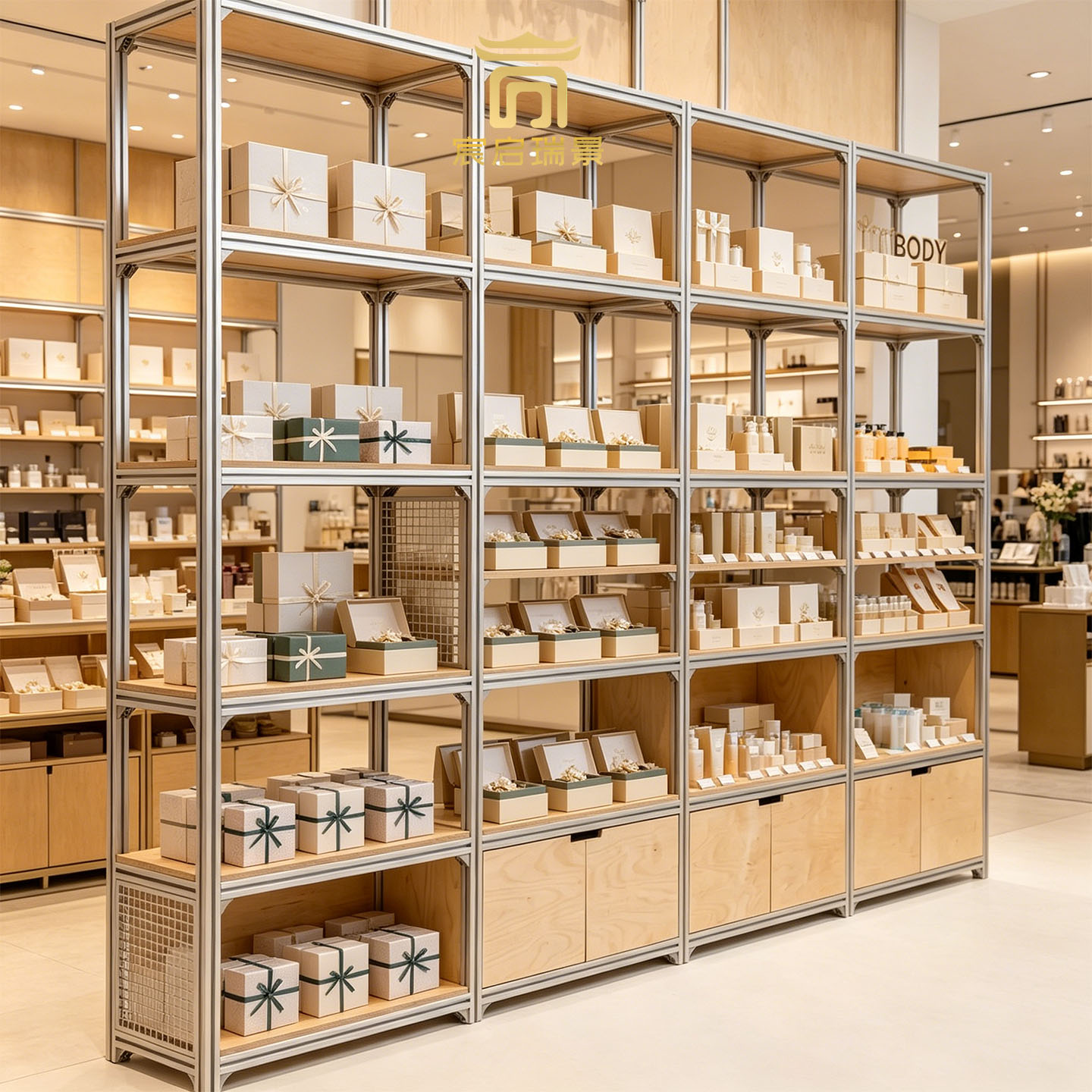 礼物礼品店落地展示架 模块化铝型材多层置物礼盒陈列道具货架