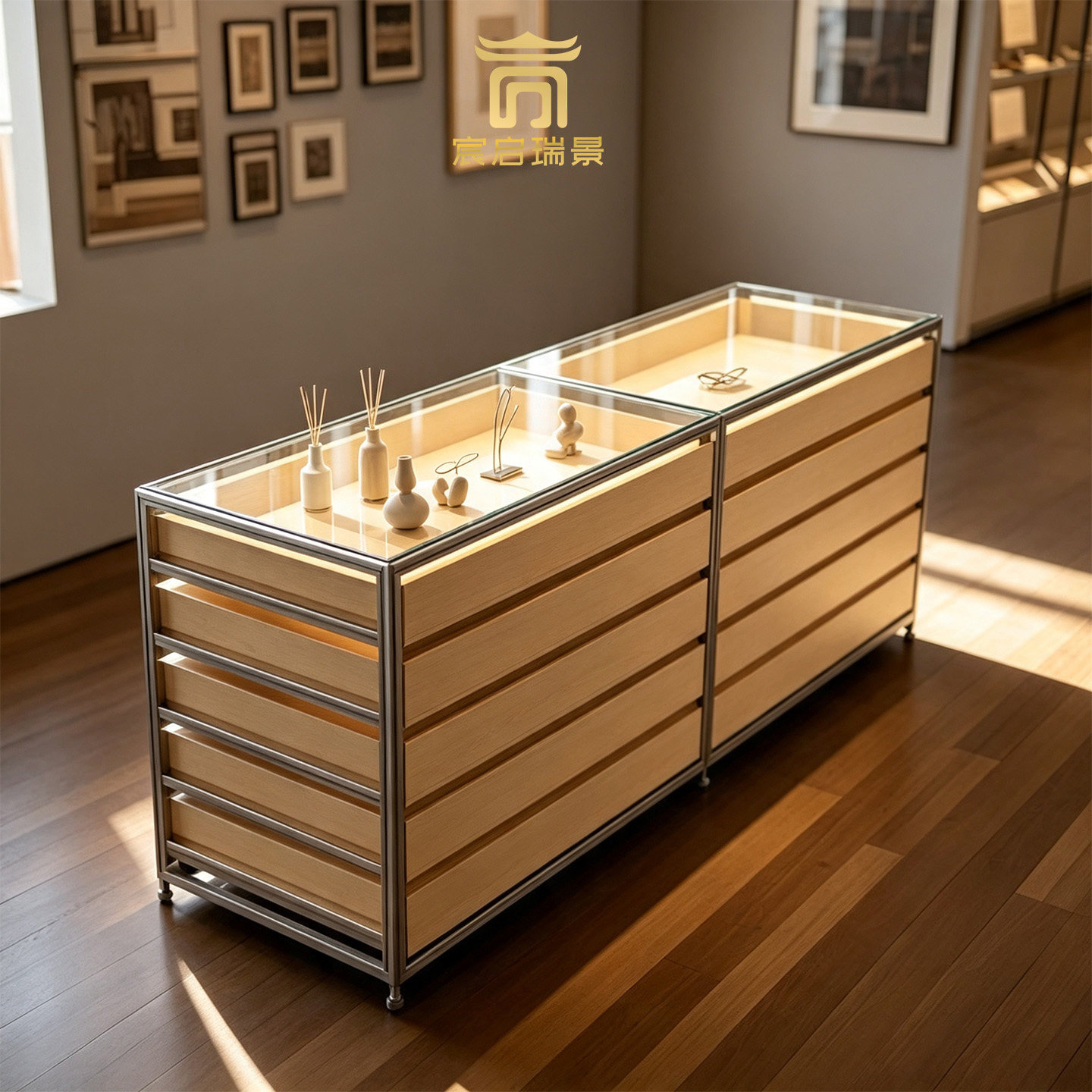 艺术品瓷器摆件展示柜铝型材桦木海洋板玻璃商用集合店中岛柜台