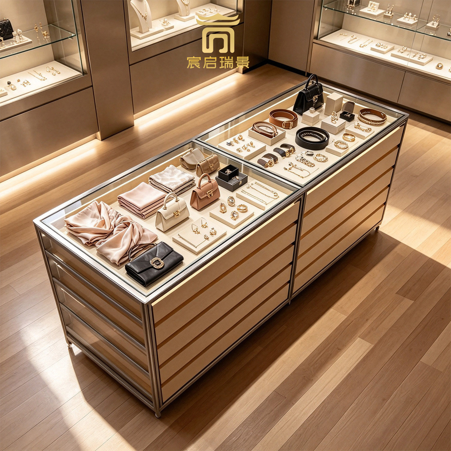 服饰店珠宝展示柜玻璃柜台多层抽屉式中岛展示架商用陈列柜首饰柜