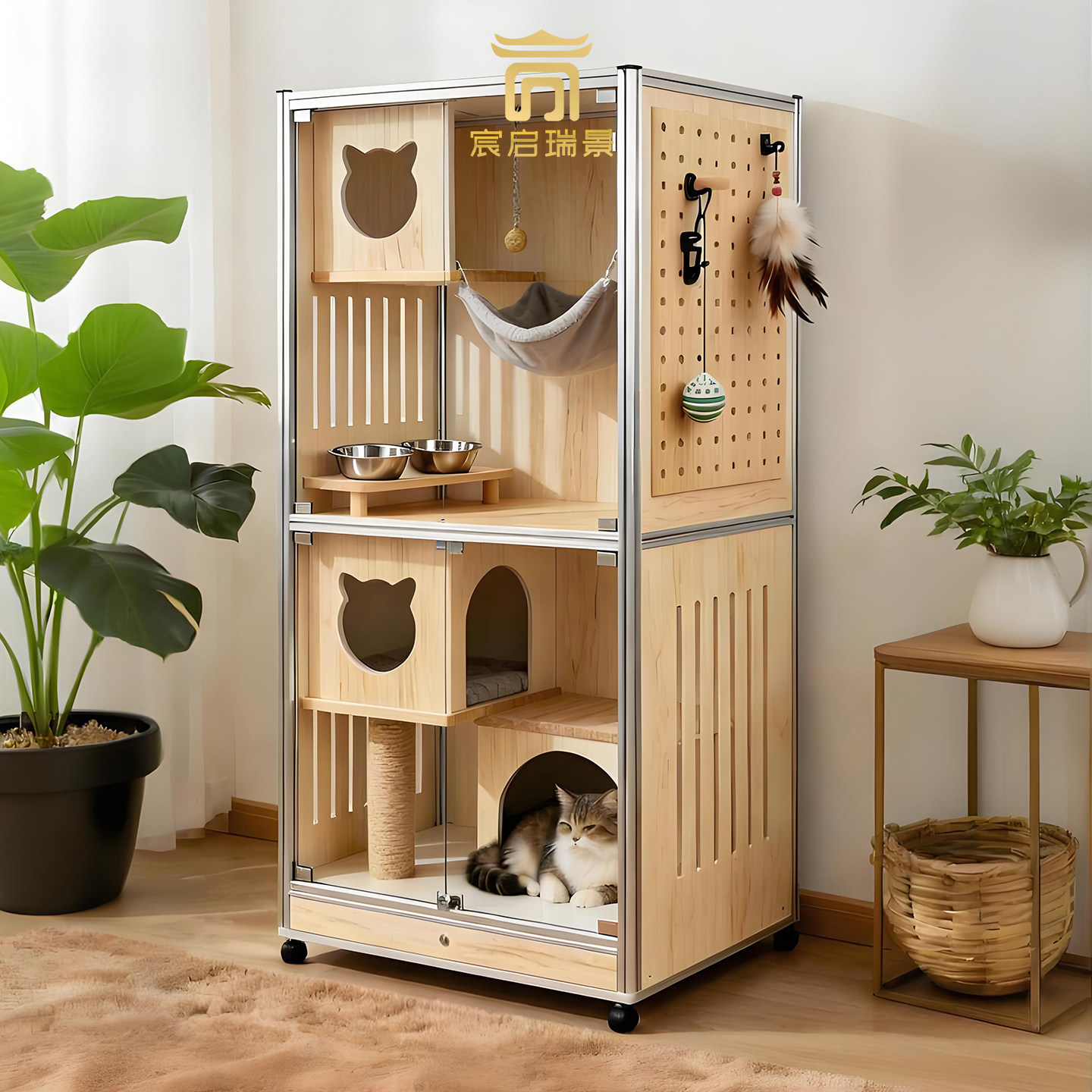 海洋板实木猫别墅家用猫窝全景猫柜室内猫房带厕所一体铝型材猫柜图片
