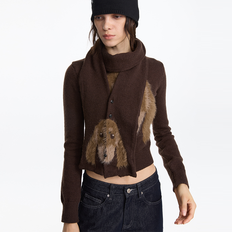 秋冬腊肠狗头提花长毛针织围巾