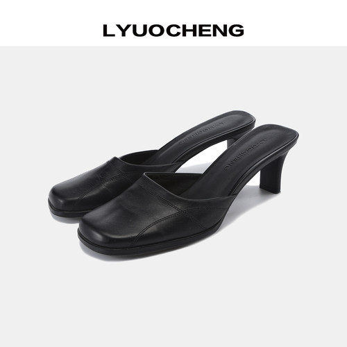 LYUOCHENG  牛皮极简半包透气防滑高跟凉鞋方头复古拖鞋