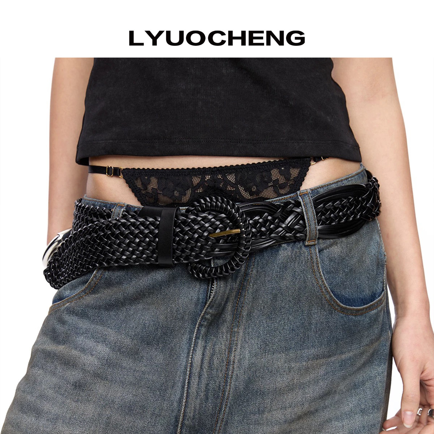 LYUOCHENG 编织花边做旧针黑色腰带