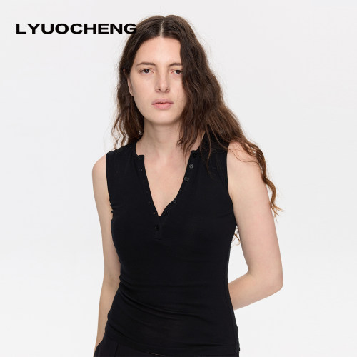 LYUOCHENG  亨利V领修身舒适绵羊毛极简多扣工字背心