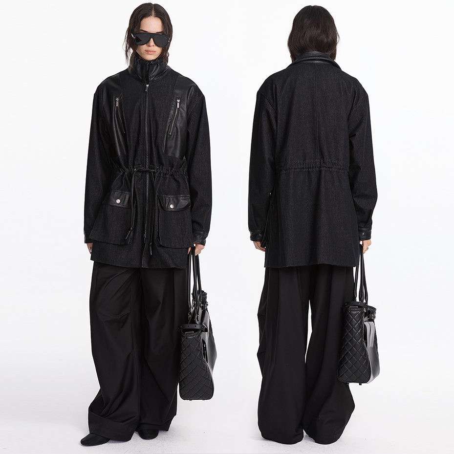 原牛拼接皮革休闲立领风衣外套