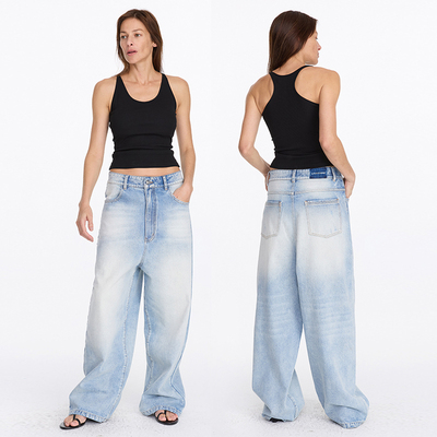 春夏宽松冰蓝磨白水洗直筒牛仔裤