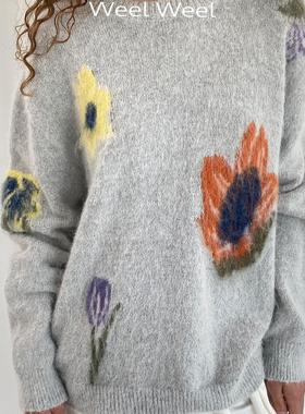 LYUOCHENG × Weel Weel 灰色花卉针织毛衣