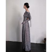 943paradise新款 冷灰秋两穿系带印花两件套针织荡领长袖 连衣裙