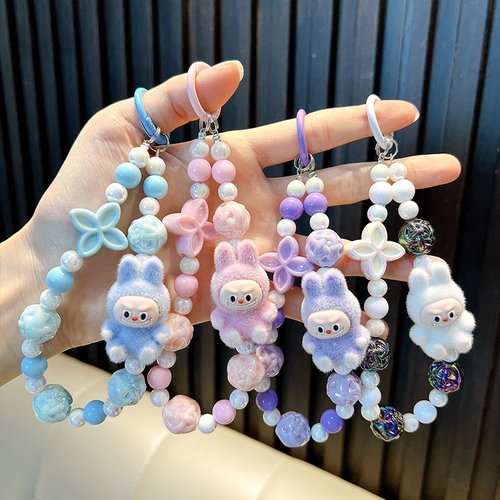 植绒小兔子串珠手机链钥匙链亚克力钥匙扣学生奖励小礼品包包挂件