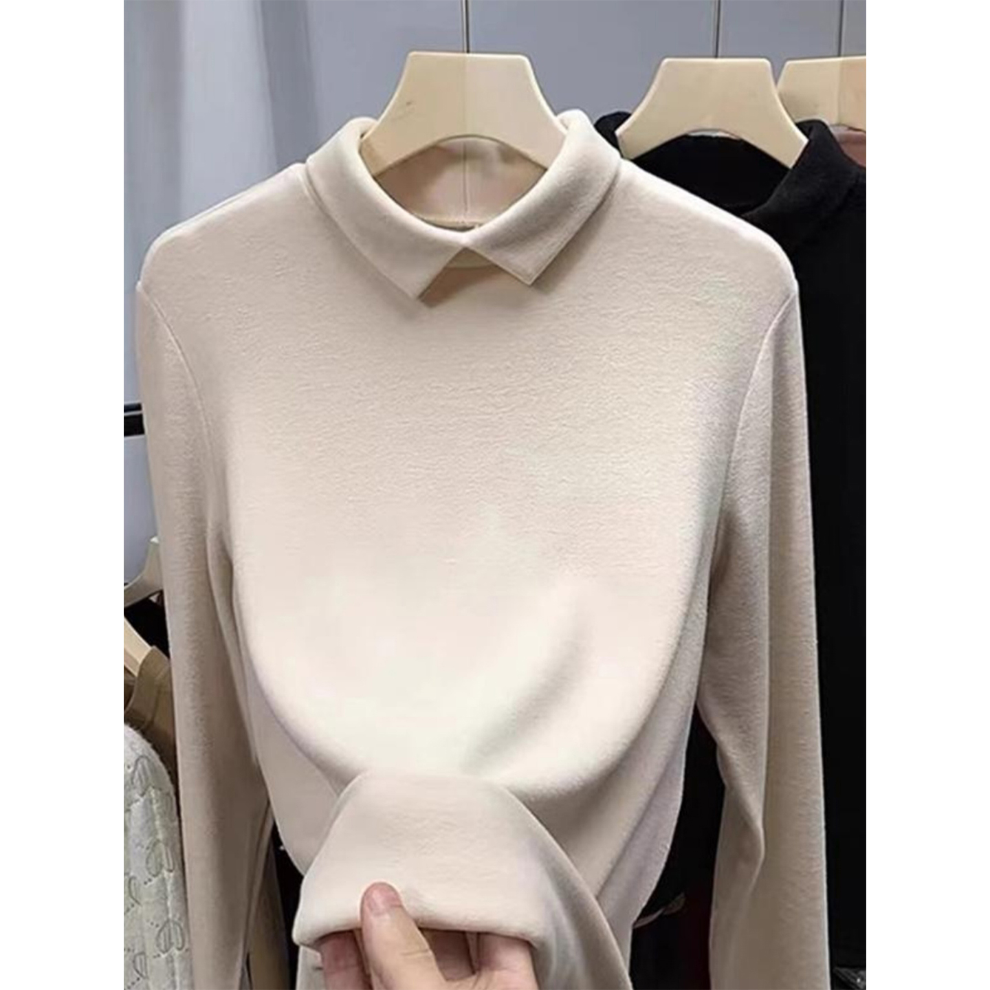 欧货翻领德绒打底衫女秋冬穿搭