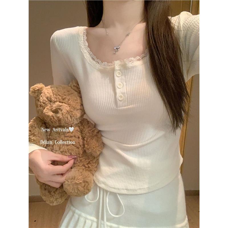 miu系u领奶白色蕾丝拼接打底衫女早春纯欲bm风内搭t恤修身短上衣