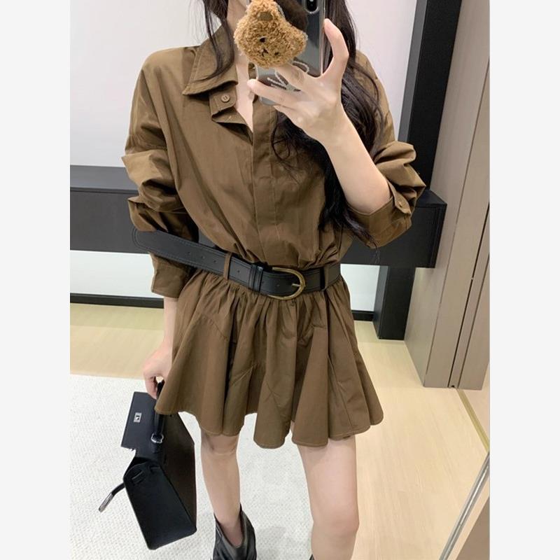 2025早秋新款休闲时尚长袖衬衫裙配腰带收腰显瘦独特超好看连衣裙