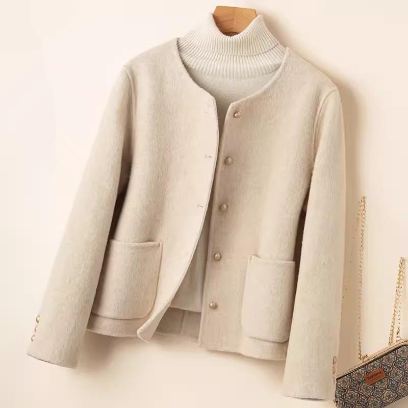 小香风高端双面羊绒大衣女短款小个子圆领2024秋冬新款羊毛呢外套