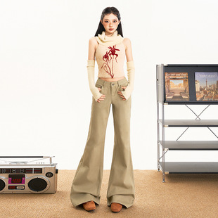 秋冬新款美式复古高腰喇叭牛仔裤女拖地长裤宽松慵懒百搭