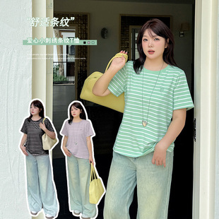 套头宽松上衣252418 伊诺大码 女装 基础圆领条纹T恤女2025夏季 新款