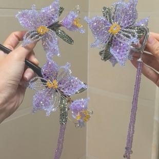 莫奈紫鸢尾渐变原创设计手工编织发夹边夹