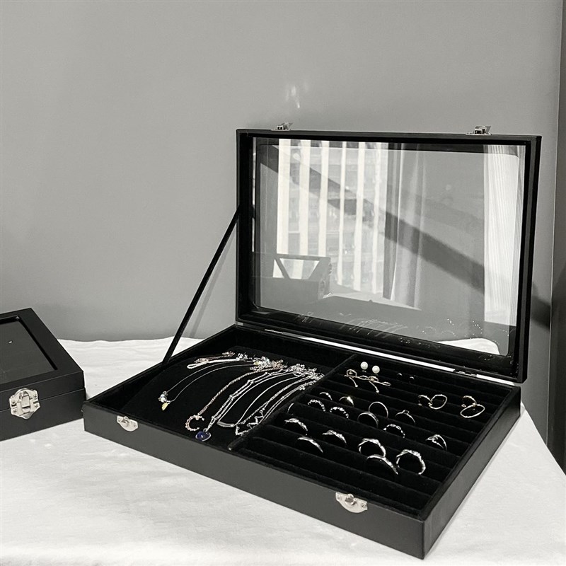 高级感黑色丝绒首饰盒透明玻璃饰品盒大容量项链戒指耳饰收纳箱
