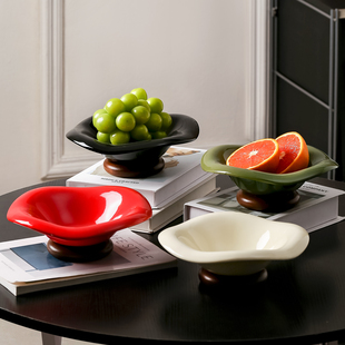 金卡佰水果盘客厅茶几家用零食摆放盘高级陶瓷高脚盘艺术木质盘子