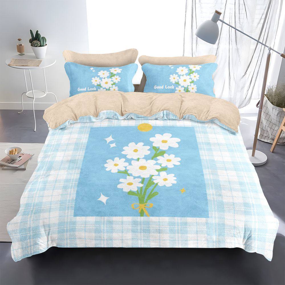 雏菊牛奶绒四件套小清新花朵图案被套秋冬加厚床单床笠可定制尺寸