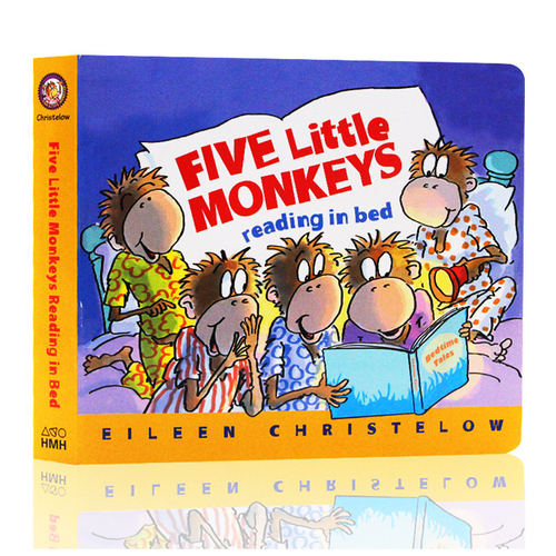 英文原版进口绘本Five Little Monkeys Reading in Bed 五只小猴子在床上看书 纸板书 幼儿童英语阅读低幼儿亲子启蒙 廖彩杏书单