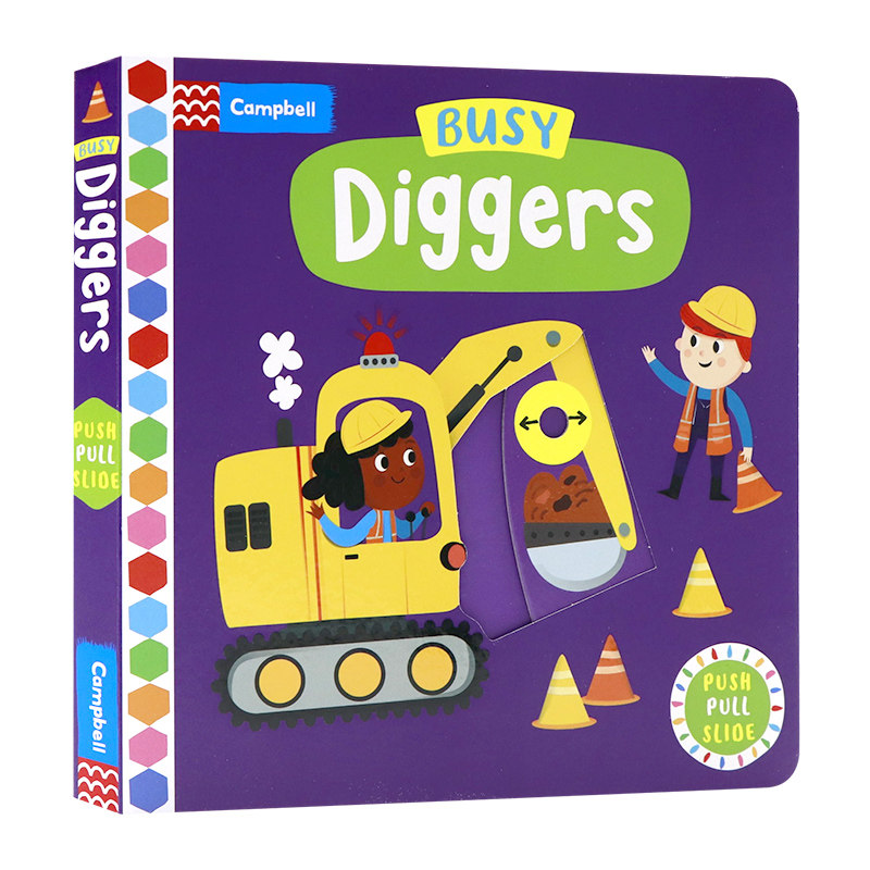 Busy系列 忙碌的挖掘机操作机关书 英文原版绘本 Busy Diggers 推拉滑动机关纸板书 0-1-3-6岁幼儿童启蒙游戏玩具书 早教亲子互动
