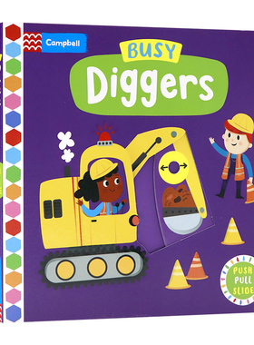 Busy系列 忙碌的挖掘机操作机关书 英文原版绘本 Busy Diggers 推拉滑动机关纸板书 0-1-3-6岁幼儿童启蒙游戏玩具书 早教亲子互动