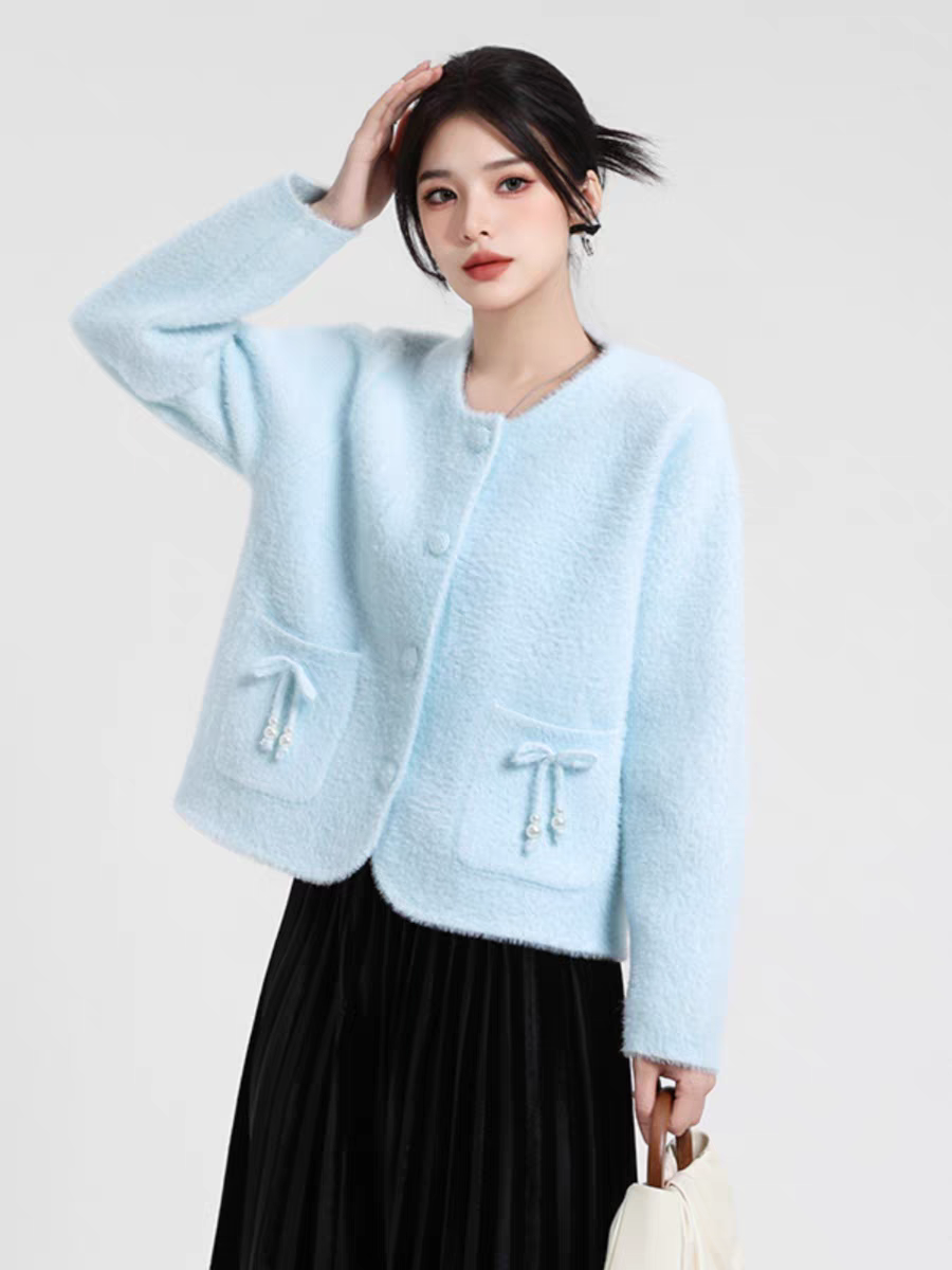 小香风软糯水貂绒毛衣女春秋外穿短外套
