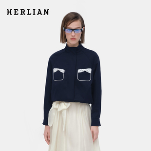 HERLIAN 2026年春季新品立体波点蝴蝶结装饰女士半高立领夹克外套