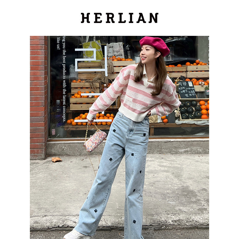 HERLIAN 秋季新款 花片钉珠阔腿宽松牛仔裤