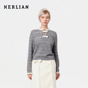 HERLIAN 2025冬季新品蝴蝶结装饰花边领女士套头针织衫