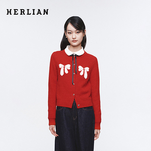 【孟佳同款】HERLIAN 2025年春季撞色蝴蝶结设计圆领针织开衫毛衣