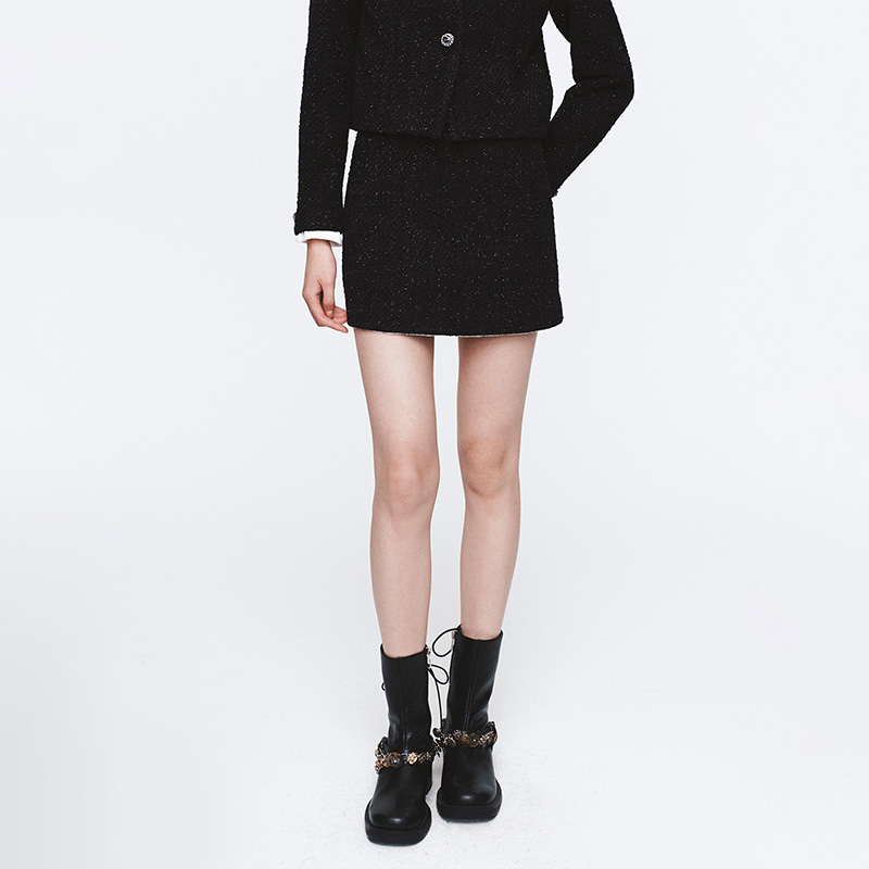 HERLIAN 2025年春季新品撞色腰头拼接设计粗花呢短裙