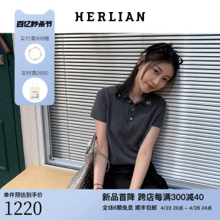 设计感短款 POLO短袖 扣扣系列24年春季 针织T恤 女 新品 HERLIAN