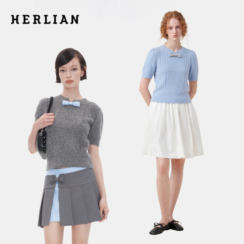 HERLIAN蝴蝶结装饰针织短袖上衣