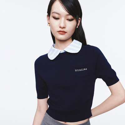 HERLIAN 2025夏季新品女士娃娃领针织短袖彼得潘领撞色T恤上衣